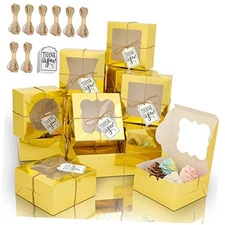  65PCS Bakery Boxes with Window 6x6x3 Inches 5 Style Cookie Boxes Small Gold
