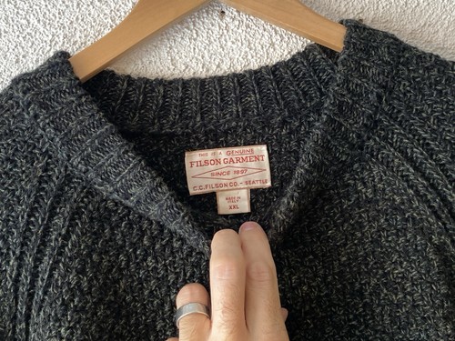 FILSON green/blk TEXTURED made in ITALY 3 GAUGE WOOL RAGLAN SWEATER XXL Melange - Picture 4 of 6