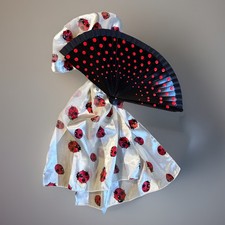 Vintage Wooden Folding Hand Fan Both Side Painted With A Ladybug Scarf