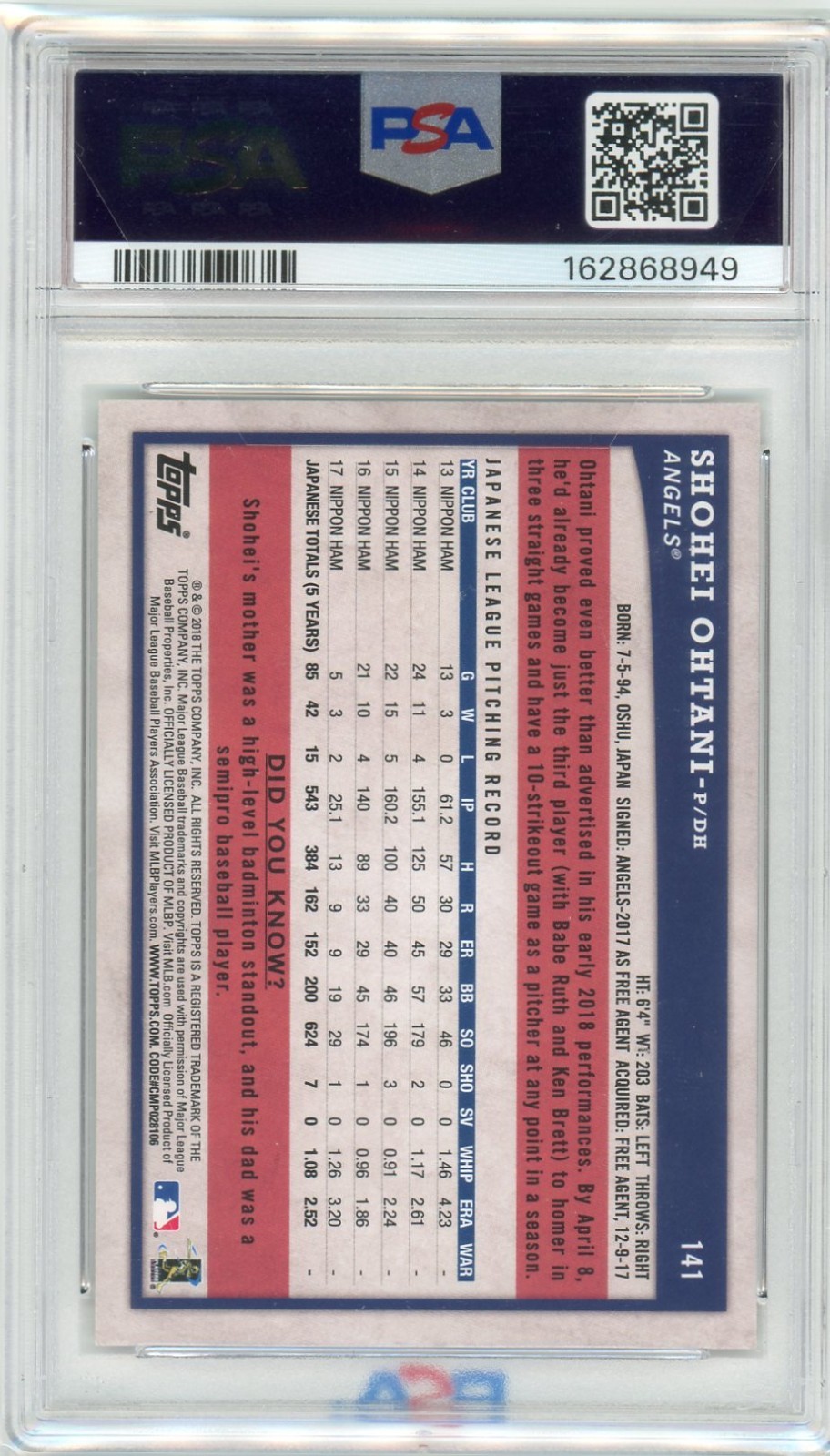 2018 Topps Big League - Shohei Ohtani #141 (RC) PSA 9 view 2