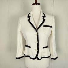 Lauren Ralph Lauren 100 Linen Jacket Sz 6P White Brown Trim Blazer Lined Pocket