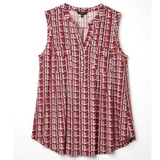 Cocomo Plus Size 1X Red Multi Color Geo Print Pintuck Sleeveless Blouse Top