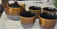 Simple Dining Asian Bamboo Handle Stoneware Tea Set 4 Cups
