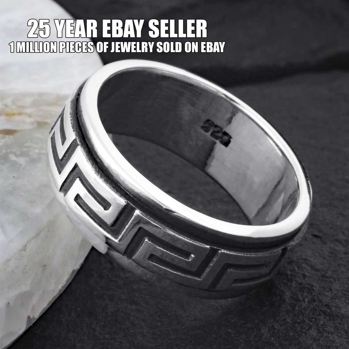 Real 925 Sterling Silver Men's Greek Key Spinning Spinner Band