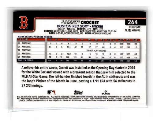 Garrett Crochet 2025 Topps Chrome #264 Blue Refractor 93/150 Red Sox - Picture 2 of 2