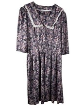 MCS Ltd Vintage Womens Multicolor Floral Dress Lace Trim 3/4 Sleeve Button Front