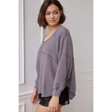Out From Under Cleo Cozy Thermal Oversized Top Waffle Knit Scoop Neck Gray XS
