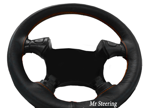 FITS MITSUBISHI L200 1996-2005 BLACK LEATHER STEERING WHEEL COVER ORANGE STITCH - Picture 1 of 4