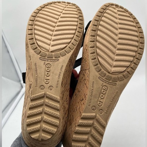 Crocs A-Leigh Black Leather Wedge Slide Sandals Women's 9 - Picture 5 of 7