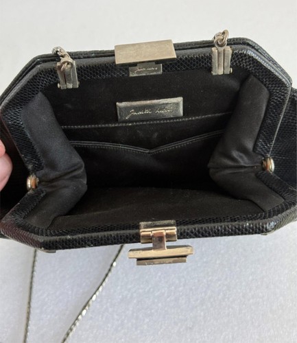Vintage Judith Leiber Black Lizard Art Deco Crystal Top Clutch Chain Strap - Picture 8 of 11