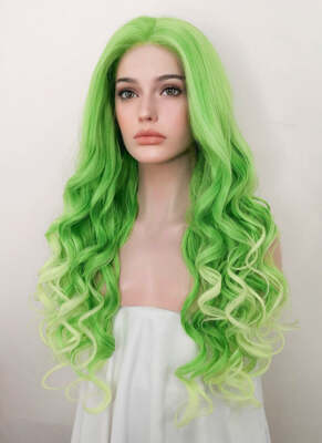 Two Tone Green Wavy Lace Front Synthetic Wig Long Wave  display picture 1