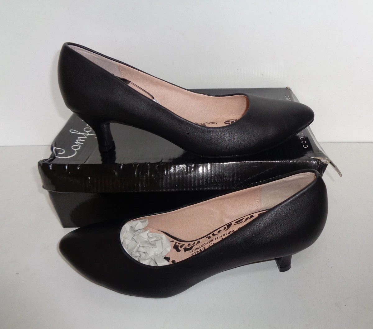 COMFORT PLUS Ladies WIDE FIT Heels Womens Casual Black Low Court Shoes UK Size  6 | eBay