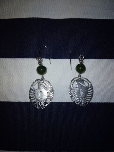 Vintage Japonesque Green Jade & Sterling Silver Heron Earrings  - Afbeelding 1 van 2