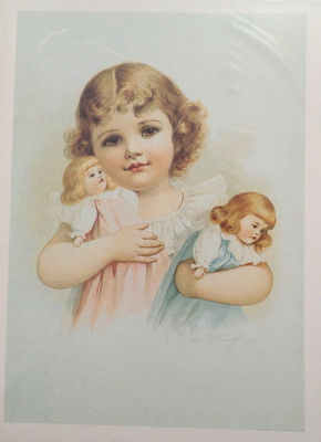 Victorian Lithograph Print Picture Playmates Little Girl