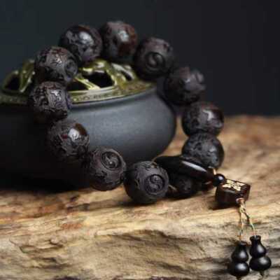 20MM Ebony sculpture Tai Ji Cuff Mala Buddha Lucky Bracelet