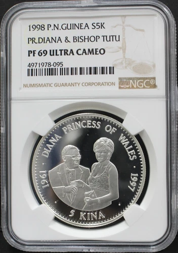 Papua New Guinea 1998 Diana Princess & Bishop Tutu Silver Coin NGC 69