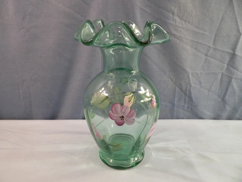 Fenton Green Glass Hand Painted Vase w/ Purple & White Floral Design 8 3/4" Tall