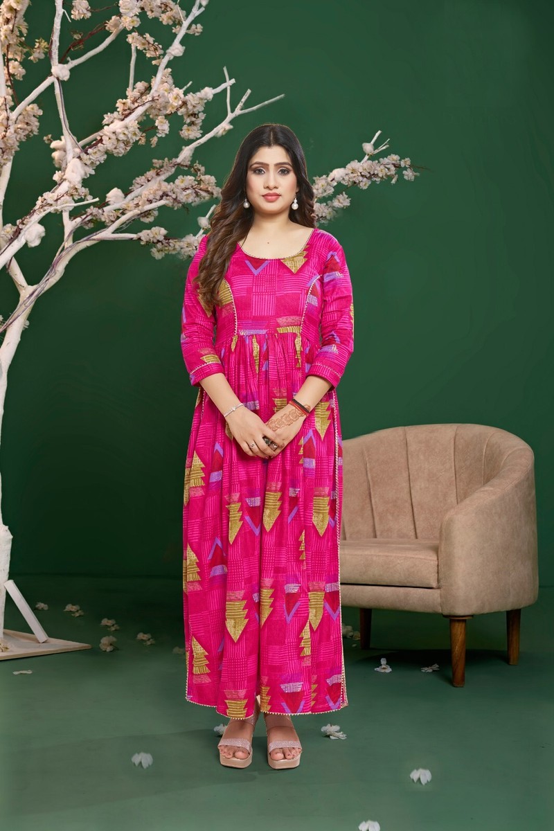 Nayra Cut Long Indian Kurti Both Side Slit Kurti Pink Print