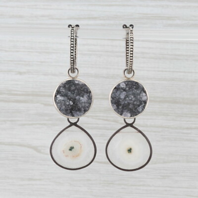 New Nina Wynn Hoop Charm Drops Earrings Sterling Silver Druzy Quartz Geode