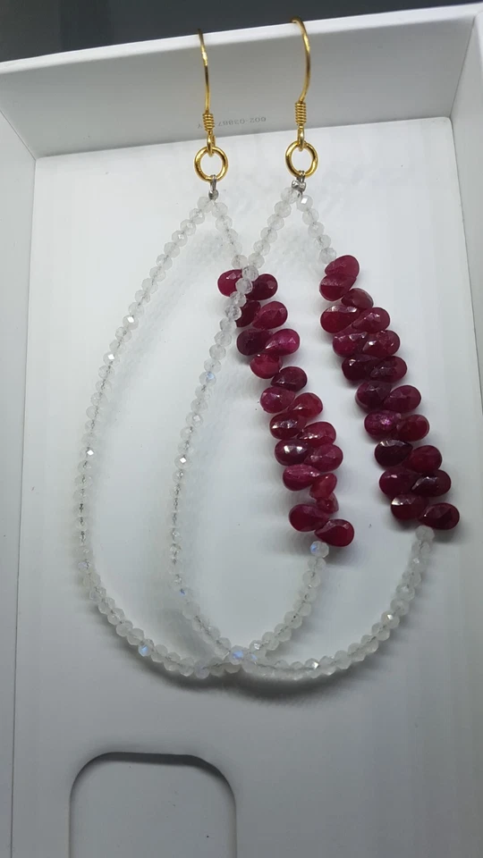 Pietra di luna arcobaleno e pietra preziosa rubino orecchino in argento sterl... - Immagine 2 di 4