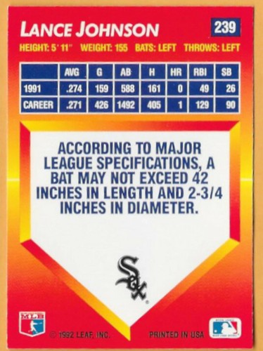 LANCE JOHNSON CHICAGO WHITE SOXS #239 - DONRUSS TRIPLE PLAY NM-MT 1992 - Picture 2 of 2