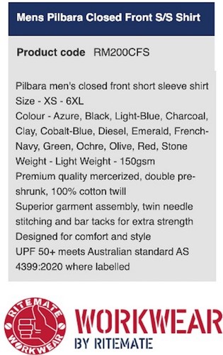 RITEMATE PILBARA CLOSED FRONT SHORT SLEEVE MENS WORK / DRESS SHIRT RM200CFS - Picture 2 of 31