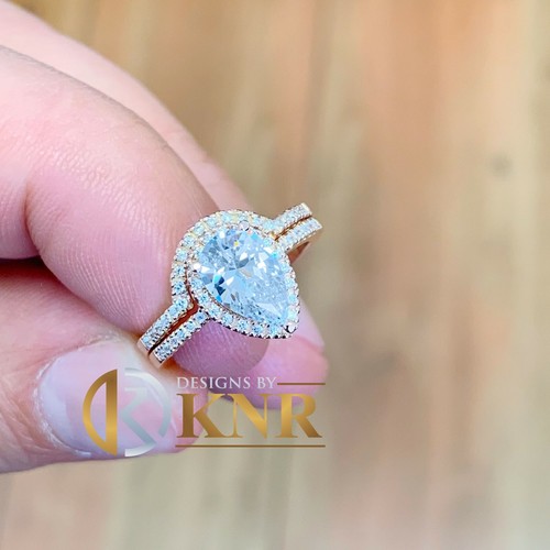 14k Rose Gold Pear Moissanite And Natural Diamonds Engagement Ring Halo 1.85ctw - Picture 9 of 10