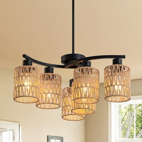 6-Light Boho Rattan Chandelier for Dining Room,Farmhouse Chandeliers Light - Picture 2 of 7