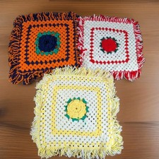 VTG Lot 1970s Crocheted Throw Pillow Covers 15x15 Handmade Granny Fringe 3D Rose