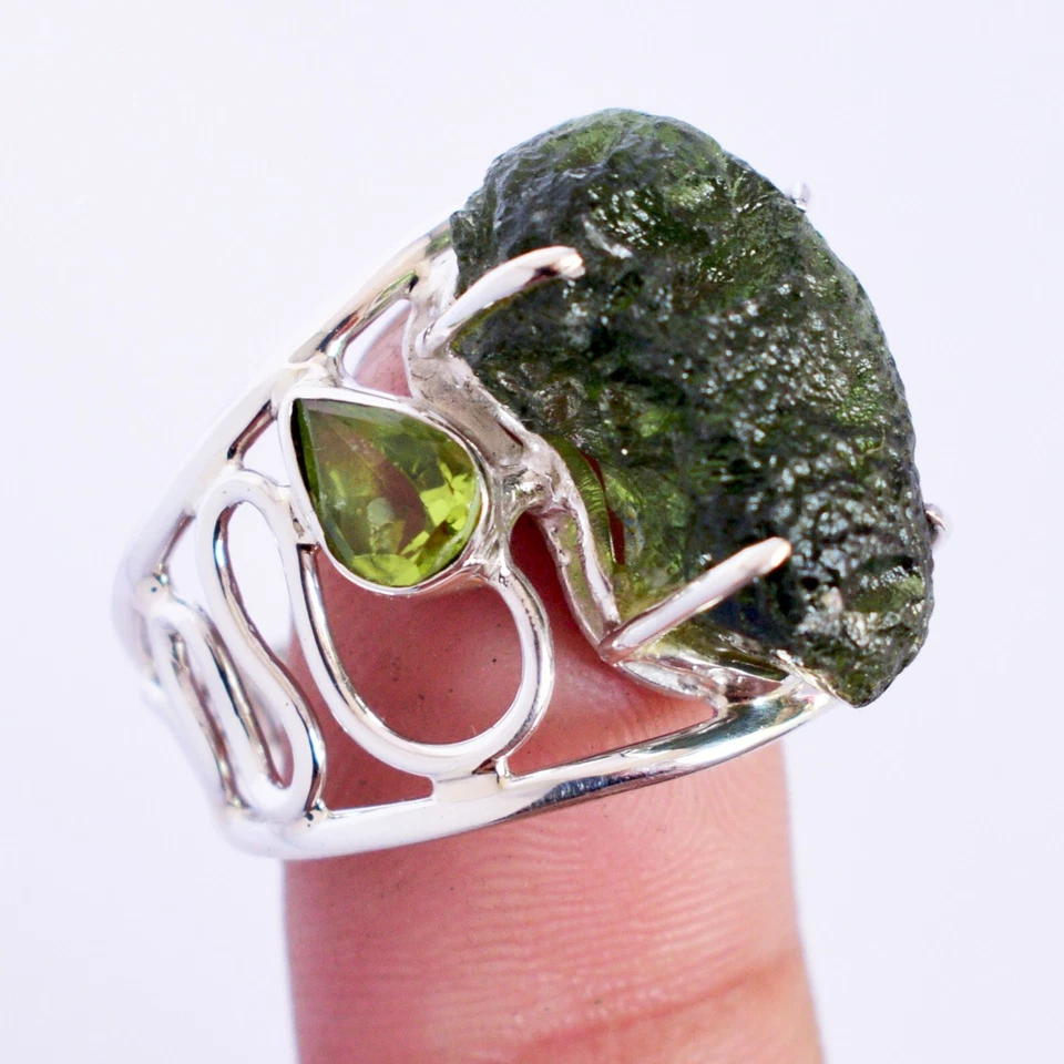Anello Moldavite Naturale Argento Sterling 925 Peridoto Gemma Anniversario... - Immagine 3 di 4