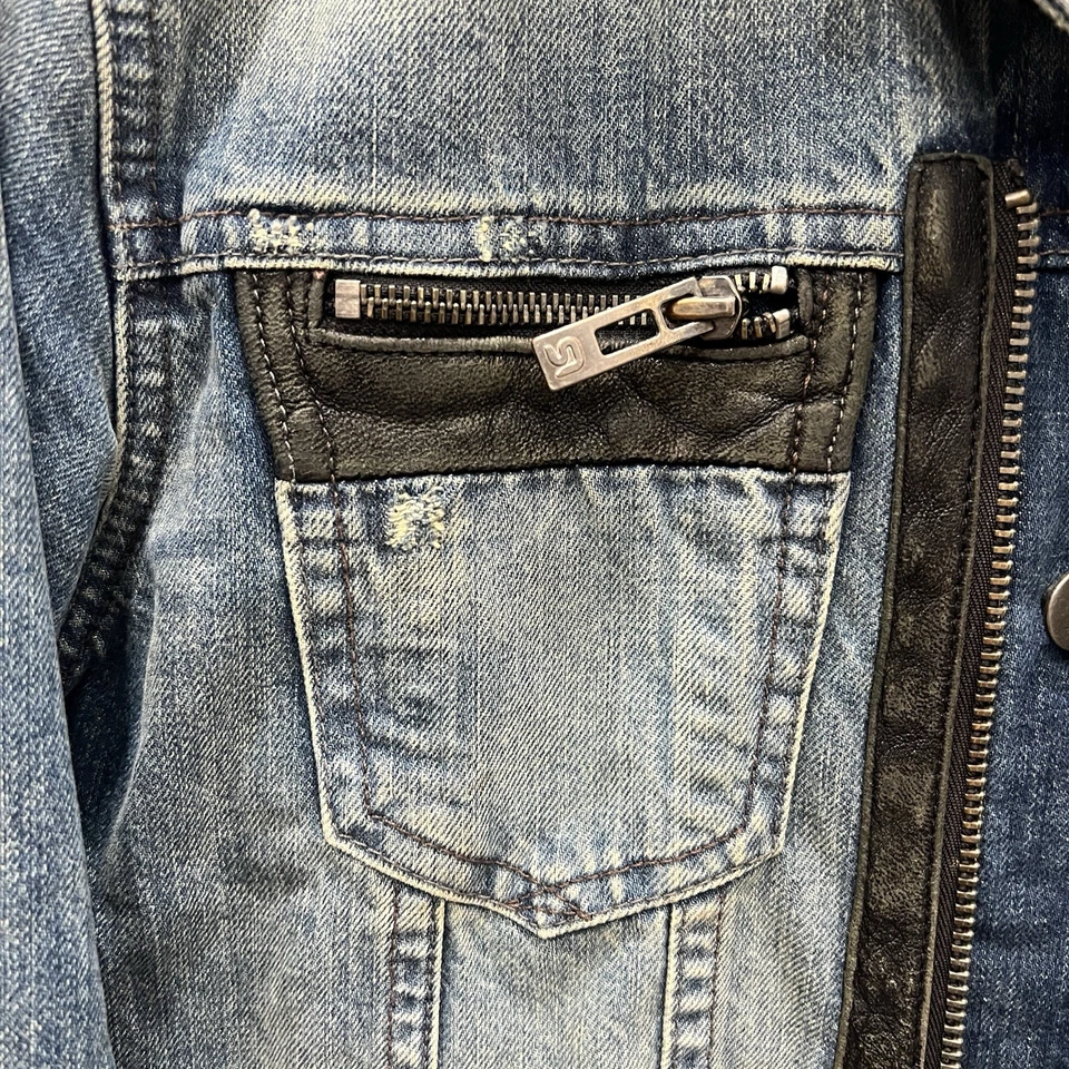 Rogue Mens Denim Leather Destroyed Thrashed Distressed Jacket Grunge Biker Sz S - Image 3 of 4