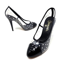 Chanel Cap Toe Black White Pearl Clear Logo Heels Patent Leather Pumps 39.5