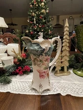 Antique RS Prussia Pink Roses Pitcher Carnation Mold Aqua Art Nouveau w/lid