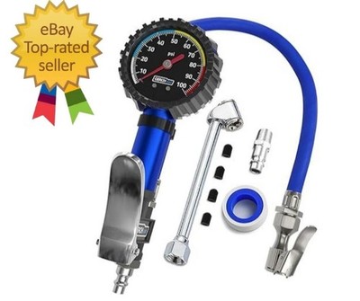 Tire Inflator with Pressure Gauge and Longer Hose - Most Accurate, Heavy Duty Ai