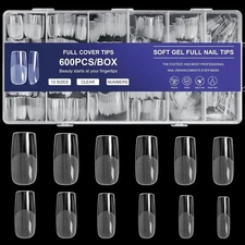 Square Nail Tips 600PCS: Artificial Full Cover Nail Tips, Soft Clear Acrylic Med