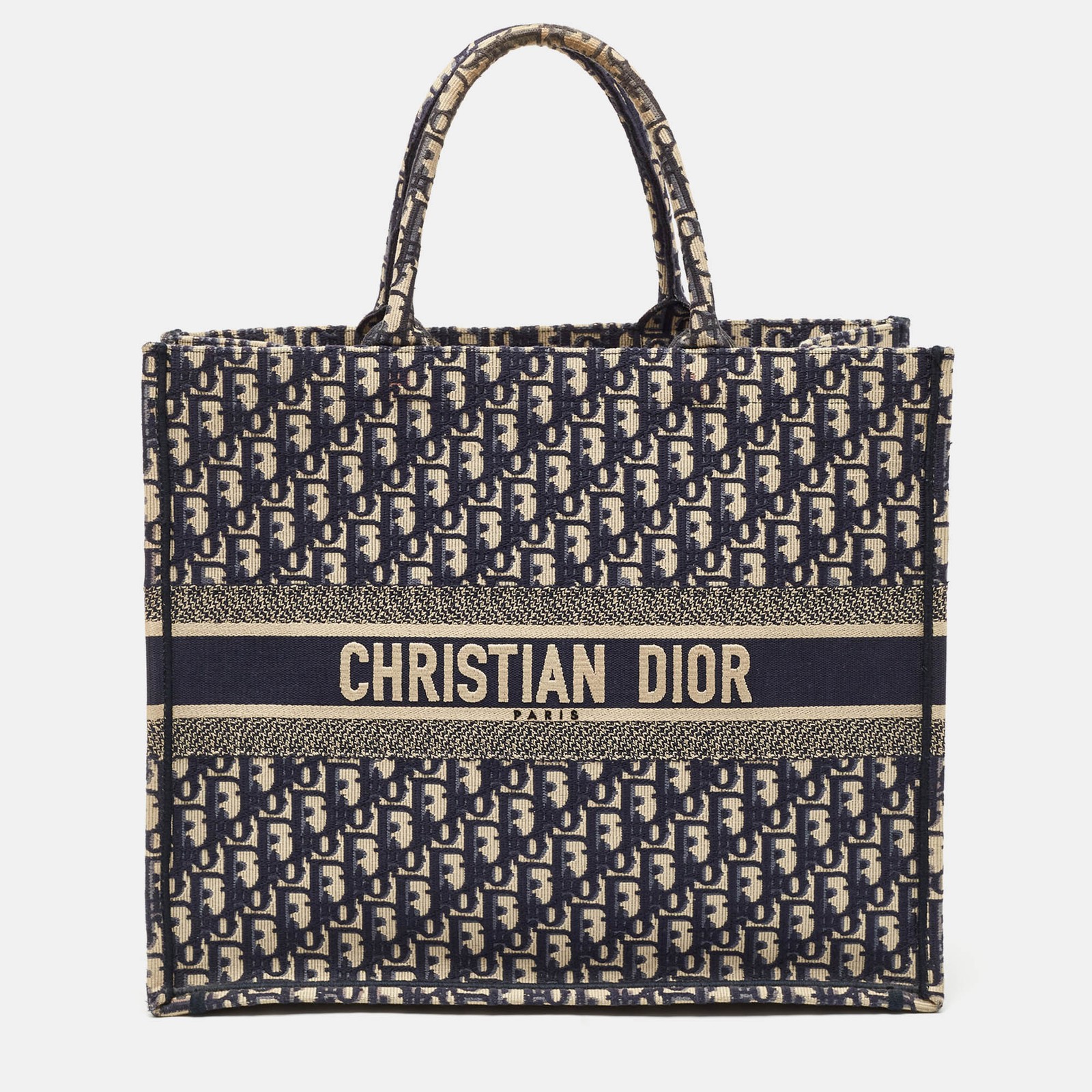 Dior Navy Blue Oblique Embroidered Canvas Large Book Tote Bag