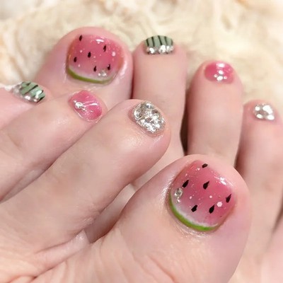 24PCS Watermelon Press On Toenails Summer Beach Rhinestone False Toe Nails