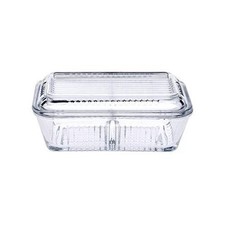 Pasabahce Ribbed Glass 2-Compartment Butter Dish with Lid Serving Keeper Storage