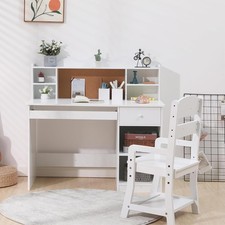 White Kids Study Desk Chair Set 37" x 19" Table with Cubbies  Corkboard,Storage