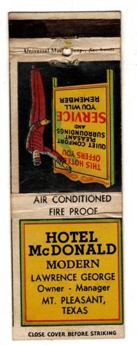 HOTEL McDONALD matchbook matchcover - MT. PLEASANT, TEXAS