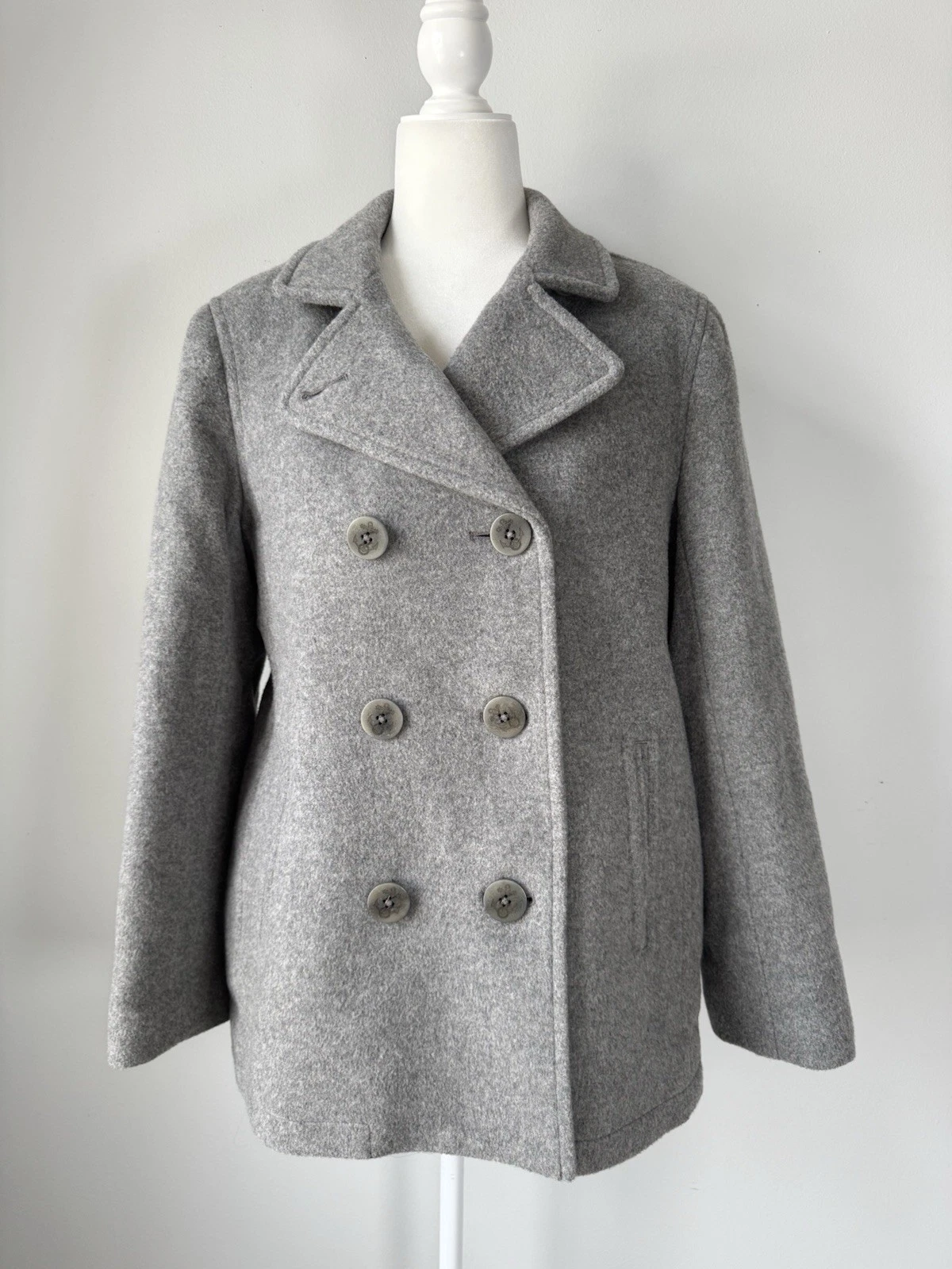 L. L. BEAN Bellandi Gray Peacoat Women Double Breasted Italian Wool Size 12P
