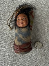 Vintage 3-3/4" SKOOKUM Indian Doll Baby Papoose Cradle Board Bright Eyes 