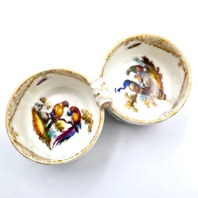 Meissen Double Open Salt Cellar Hand Paint Birds Porcelain Germany Antique READ
