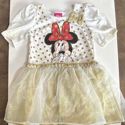 Disney Minnie Mouse Tutu Dress White Gold Polka Dot 2T Girls Short Sleeve