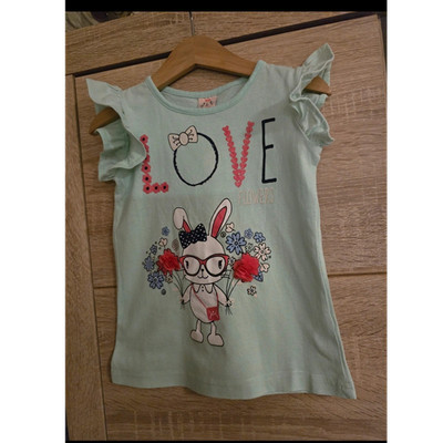 kiki Mädchen T-Shirt Gr. 98 Hellgrün Blumen Hasenmotiv Rüsche Glitzer 3D-Blumen