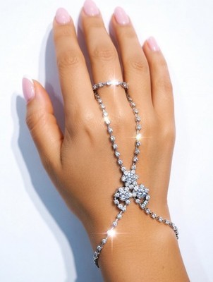 Silver Tone Slave Love Harems Finger Bracelet Rhinestone Crystal Wedding Jewelry