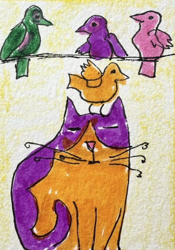 Original ACEO Painting Cat Miniature Art Card By Carole Collins M18