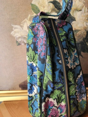 Vintage Floral Travel Shoe Bag Zippered Case Loop Handle Mid Century 1960s
