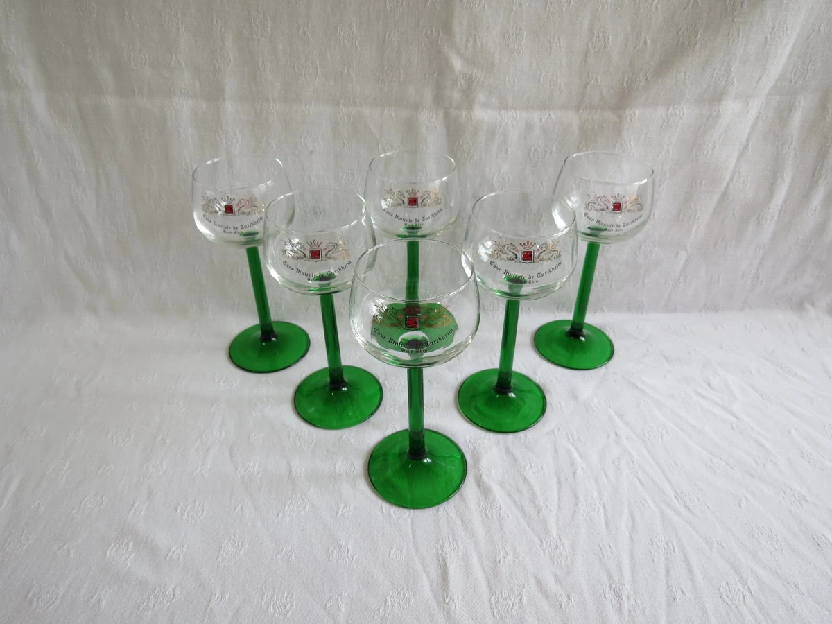 Lot De 6 Verres à Vin D'Alsace Pied Vert – Décor Cépage Traditionnel Boeckling 15,5 Cl
