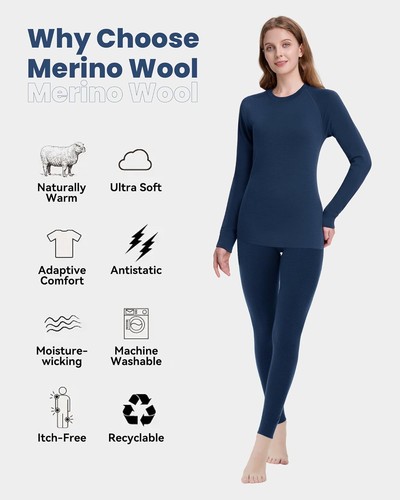 Mujeres 100% Lana Merino Conjunto de Capa Base Térmica Invierno Esquí Top UT Long Johns Set - Imagen 40 de 110